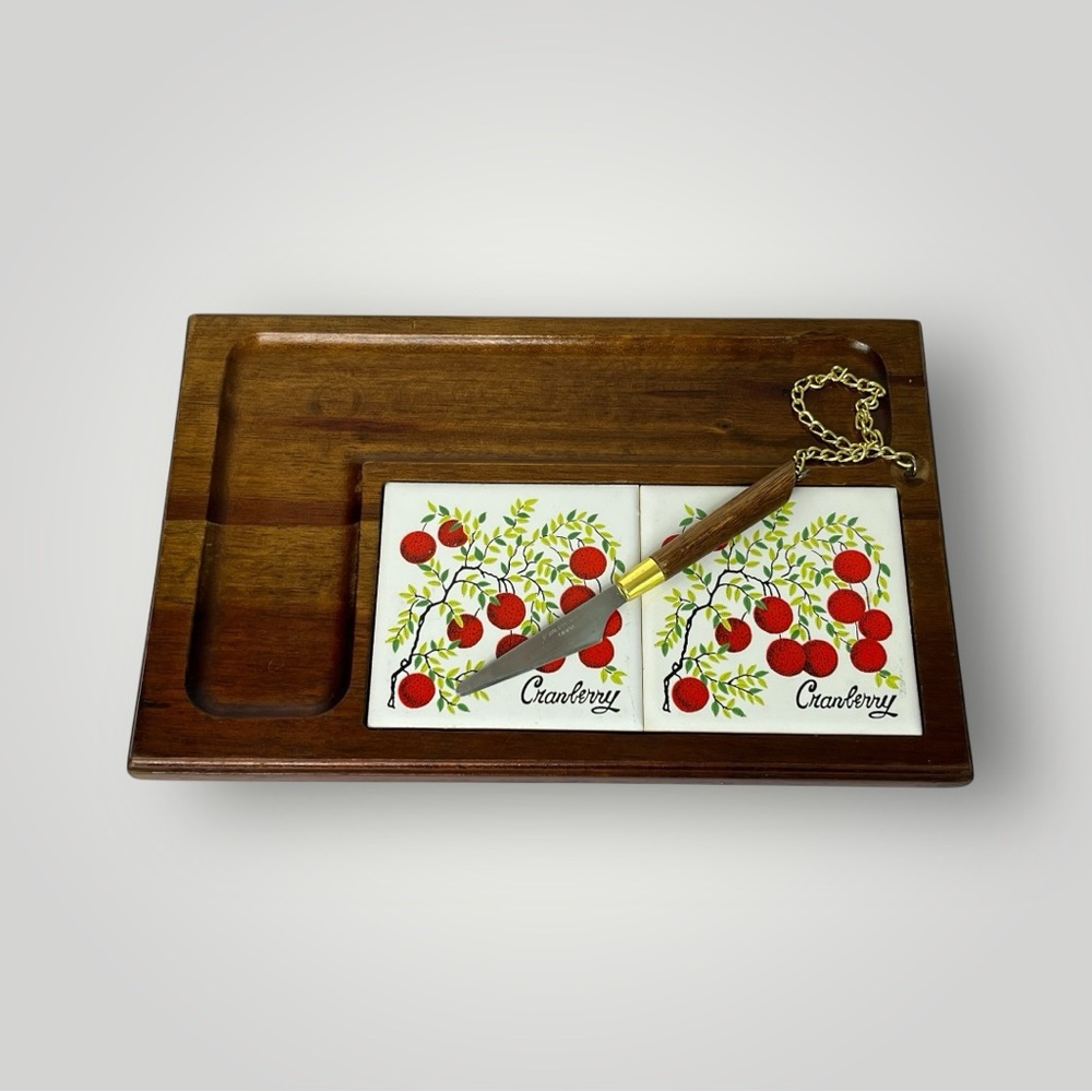Vintage Cheese Board With Attached Knife Charcuterie 13" x 8.5"
